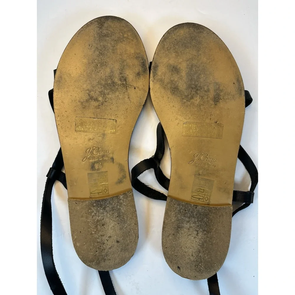 J Crew Flat Strappy Sandals Black Size 8.5 Vachetta Leather Italy